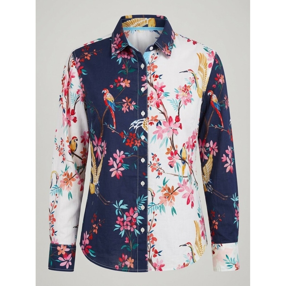 Cino Women Tropical Bird Floral Cotton Button Down Shirt Navy White PL